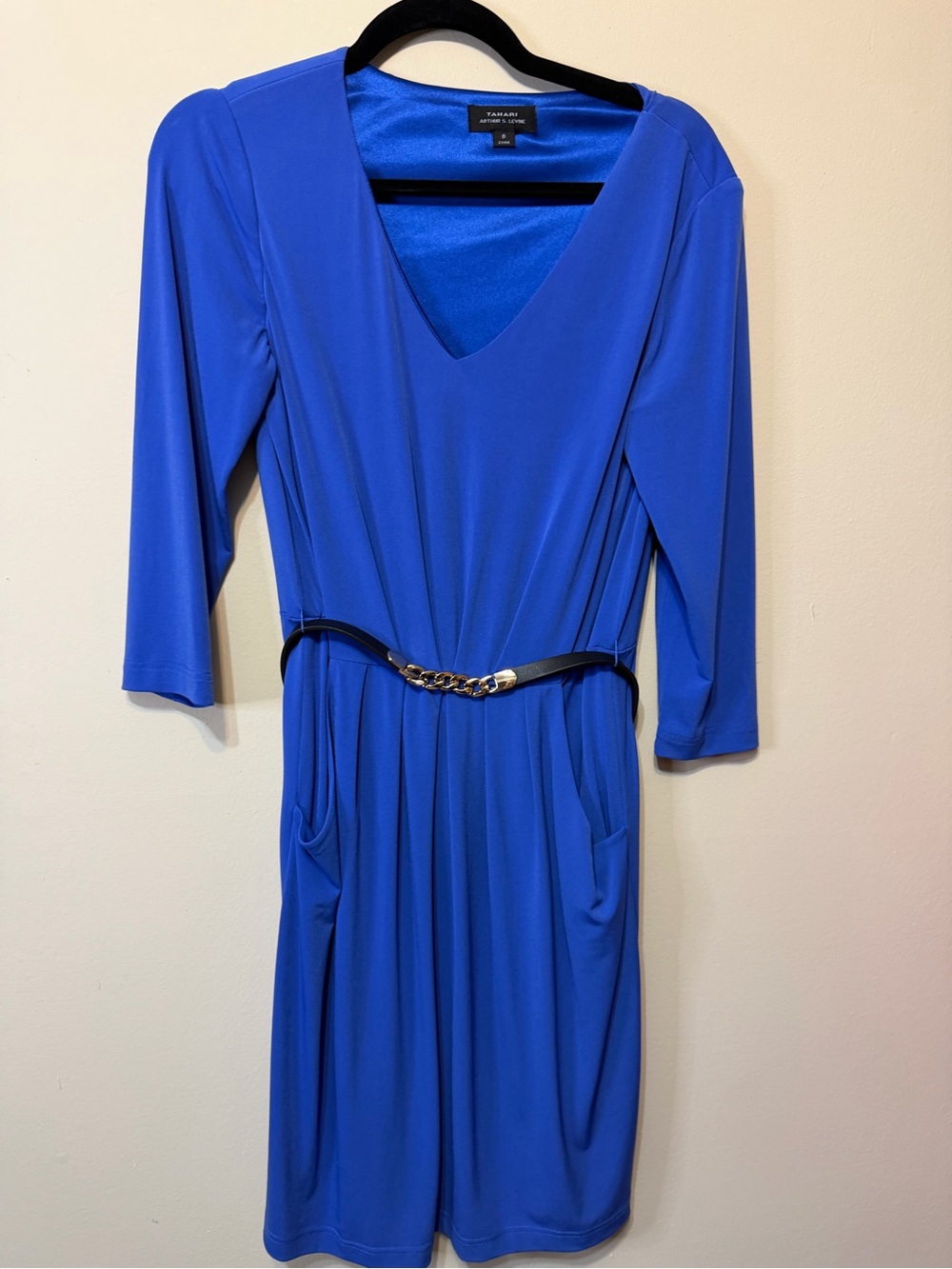 Tahari ASL Cobalt Blue V-Neck Midi Dress with Chain Belt